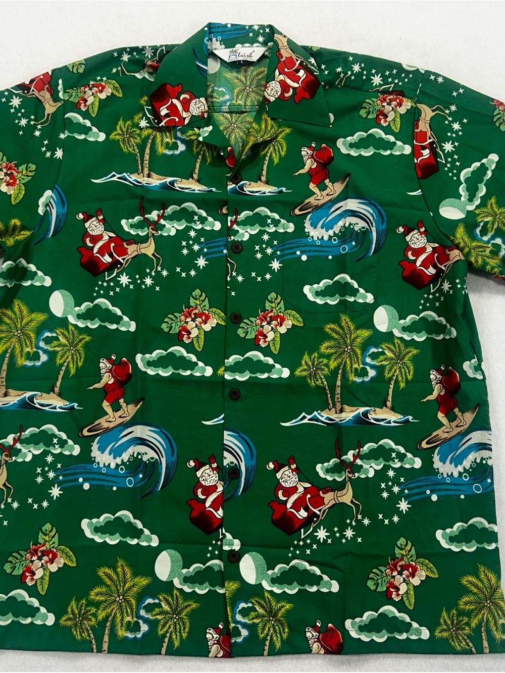 Alvish Men’s L Hawaiian Christmas Shirt Surfing Santa Reindeer Green Aloha